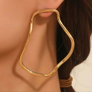 NEW! Gold Plated Abstract Thin Open Hoop Post  Earrings